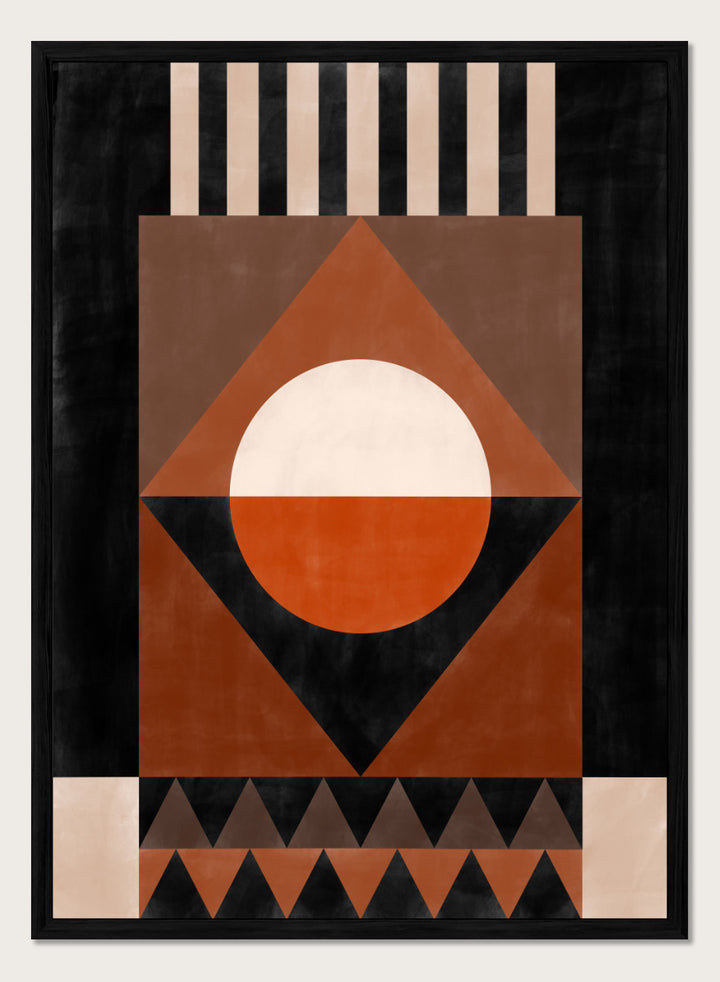 Shop Geometric Earth Tones by Elena Ristova, a modern abstract wall art print poster with bold geometric shapes in orange, cream, brown, and black.
