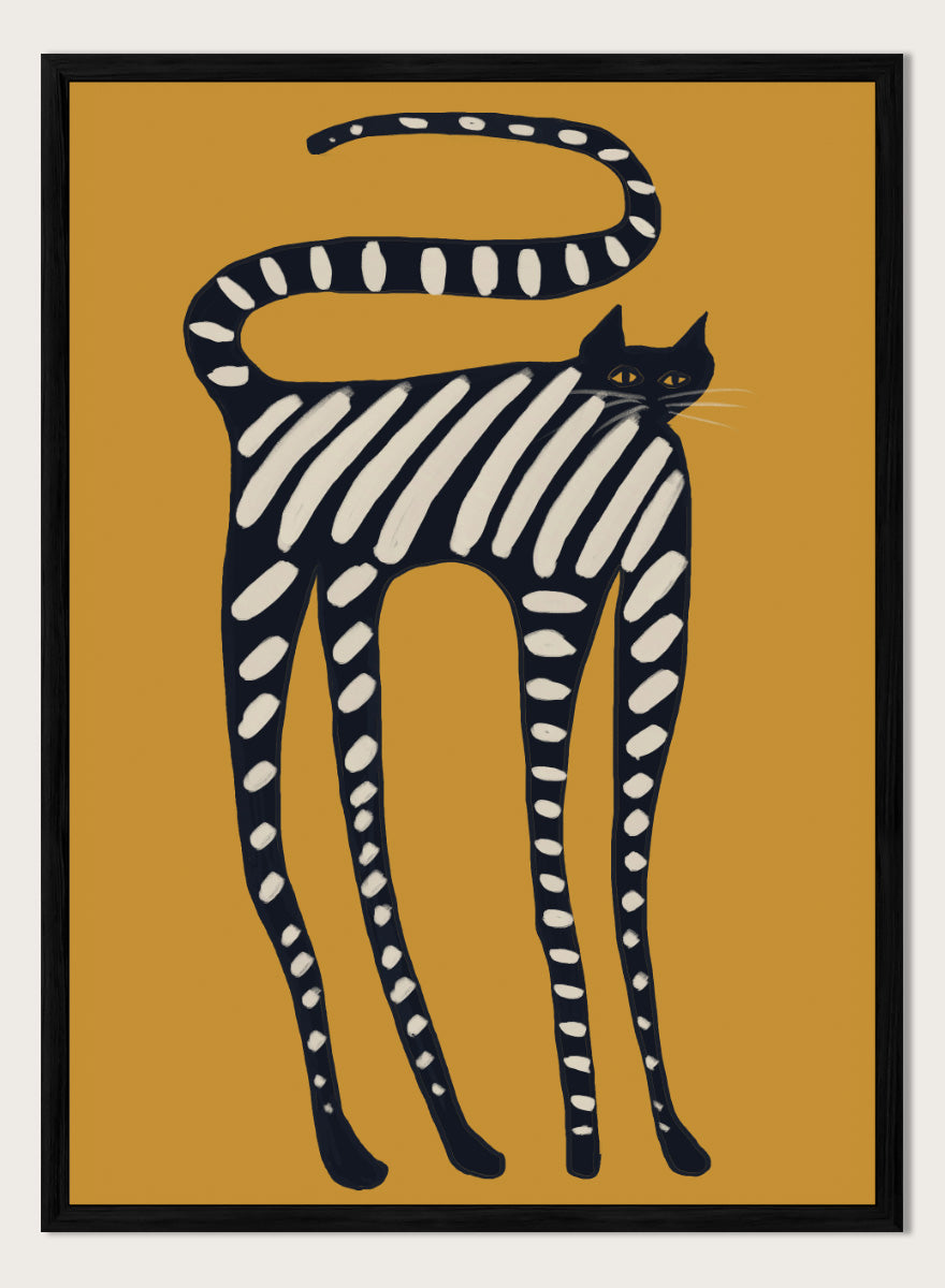 A stylized art print of a cat with black and white stripes on a mustard yellow background. Elegant Striped Cat by The Art Concept playful cat art print featuring a long black cat with cream stripes and an oversized curved tail on mustard yellow.
