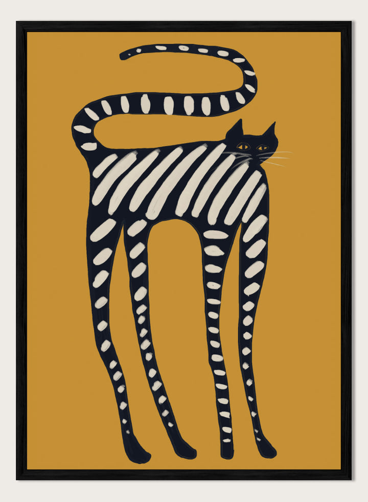 A stylized art print of a cat with black and white stripes on a mustard yellow background. Elegant Striped Cat by The Art Concept playful cat art print featuring a long black cat with cream stripes and an oversized curved tail on mustard yellow.