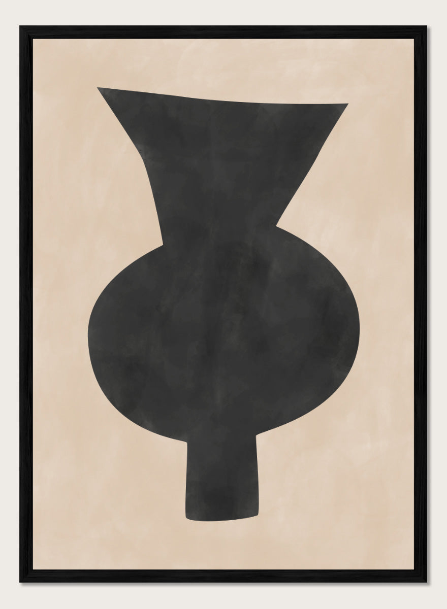 Shop Abstract Black Vase by Elena Ristova, a modern minimalist wall art print poster featuring an oversized black vase silhouette on a soft beige background.