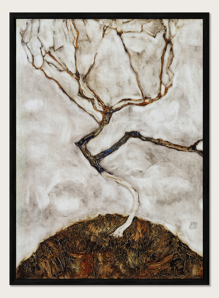 Shop Small Tree in Late Autumn by Egon Schiele, a vintage Expressionist wall art print poster featuring a bare autumn tree in soft cream tones.