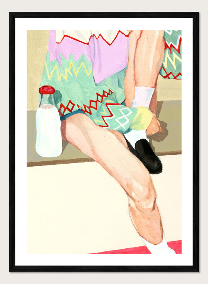 Shop Colorful Sweater Milk by Sophia Novosel, a modern figurative wall art print poster featuring a patterned sweater, milk bottle, crossed legs, and bold color.