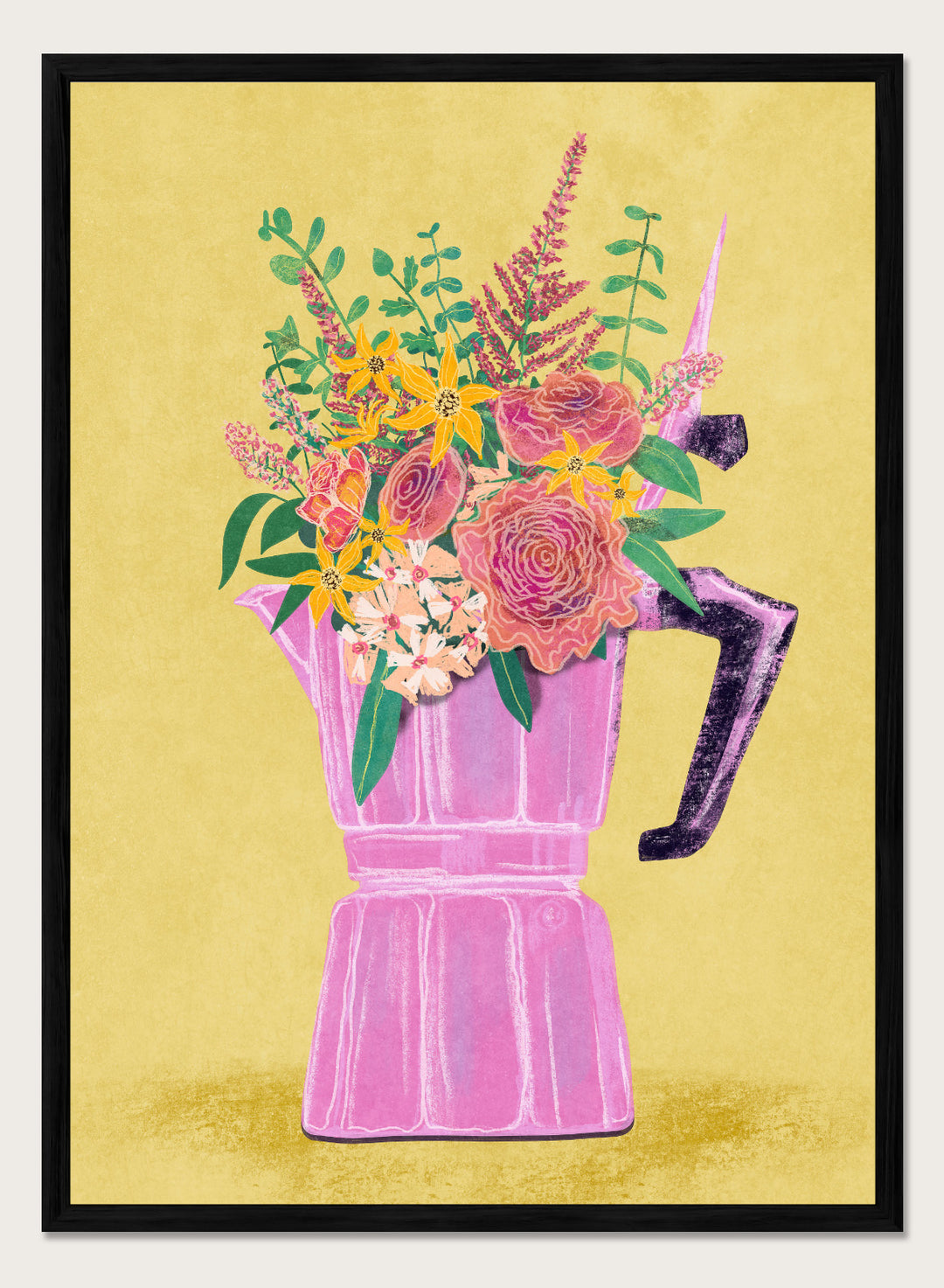 Colorful floral arrangement in a pink vase on a yellow background. Espresso Maker with Flowers by Raissa Oltmanns is a modern floral fine art print featuring a pink moka pot vase still life and bold kitchen wall decor poster.