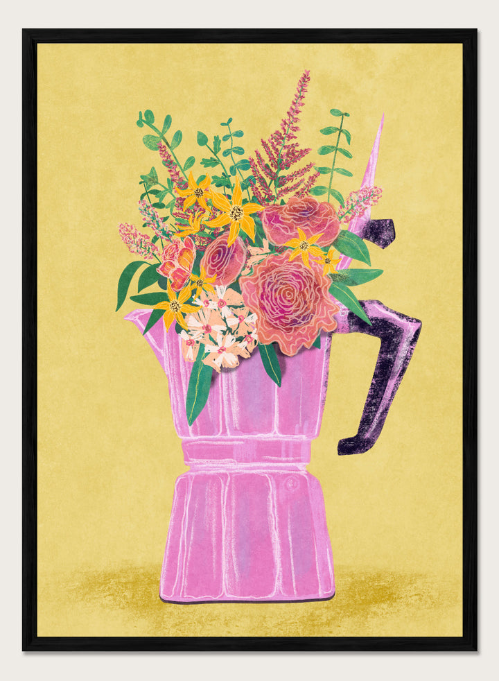 Colorful floral arrangement in a pink vase on a yellow background. Espresso Maker with Flowers by Raissa Oltmanns is a modern floral fine art print featuring a pink moka pot vase still life and bold kitchen wall decor poster.