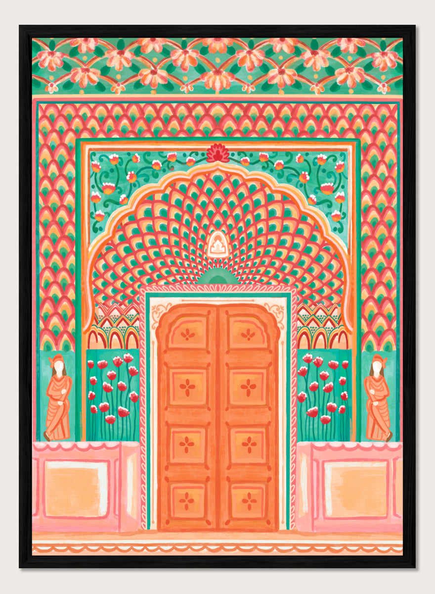 A colorful traditional Indian-style architectural artwork depicting an ornate arched doorway with a peach-orange double door, teal and pink patterned walls, floral motifs, and small statue figures on either side. Shop Vibrant Indian Archway by Nidhi Kachhadiya, a colorful Indian wall art print featuring an ornate archway, floral details, and coral pink tones.