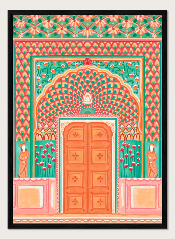 A colorful traditional Indian-style architectural artwork depicting an ornate arched doorway with a peach-orange double door, teal and pink patterned walls, floral motifs, and small statue figures on either side. Shop Vibrant Indian Archway by Nidhi Kachhadiya, a colorful Indian wall art print featuring an ornate archway, floral details, and coral pink tones.
