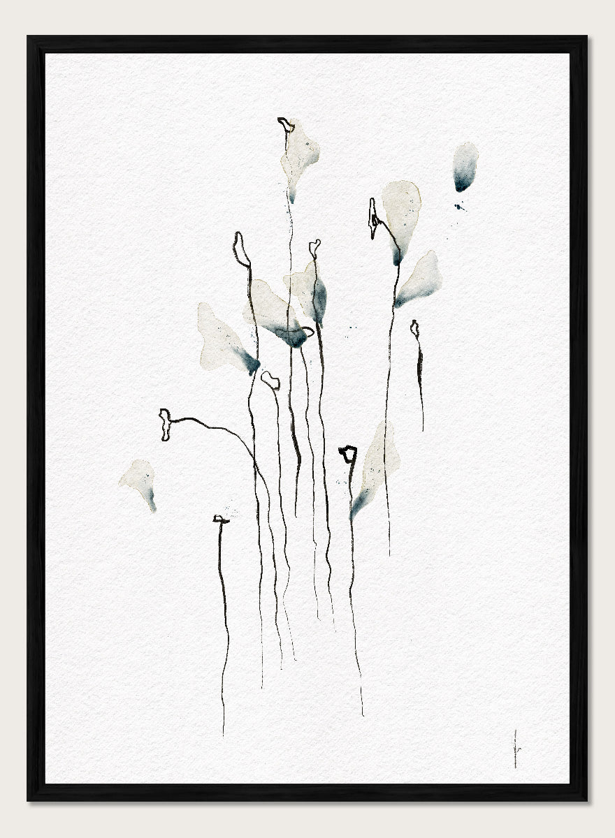 Minimalist watercolor floral art print featuring delicate calla lily-like stems and leaves in soft gray-green and black on textured white paper. Shop Delicate Abstract Flowers by Ankie Kooi, a modern floral wall art print poster with minimalist line art, abstract botanicals, soft blue, and green tones.