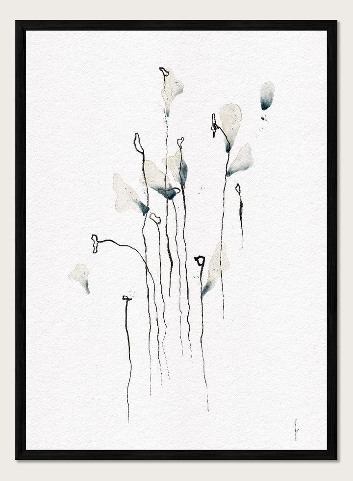 Minimalist watercolor floral art print featuring delicate calla lily-like stems and leaves in soft gray-green and black on textured white paper. Shop Delicate Abstract Flowers by Ankie Kooi, a modern floral wall art print poster with minimalist line art, abstract botanicals, soft blue, and green tones.