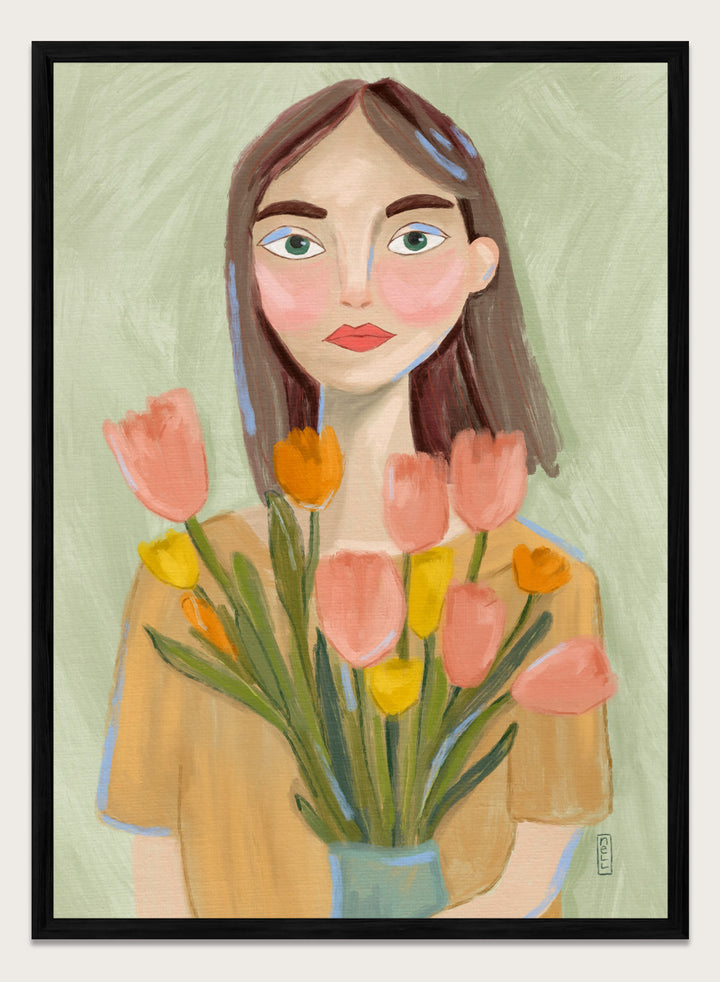 Artistic illustration of a woman holding flowers with a soft, pastel background. Woman with Spring Tulips by Dirkie Nell is a contemporary floral portrait art print featuring hand painted tulips, expressive illustration, and soft spring colors.