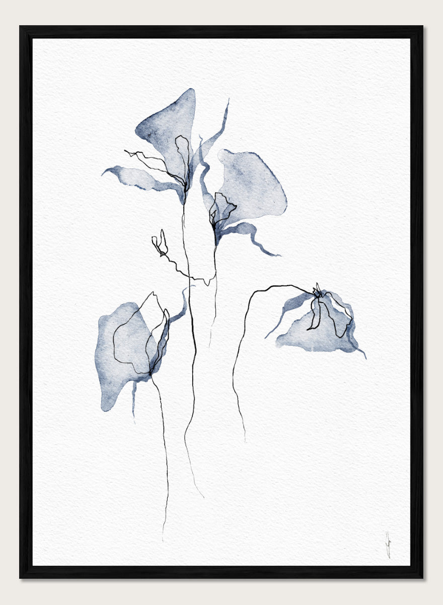 Abstract watercolor painting of three blue-gray calla lilies with fine black line details on a white textured background. Shop Ethereal Blue Flowers by Ankie Kooi, a floral wall art print poster with abstract watercolor flowers, botanical line art, blue, cream, and black.