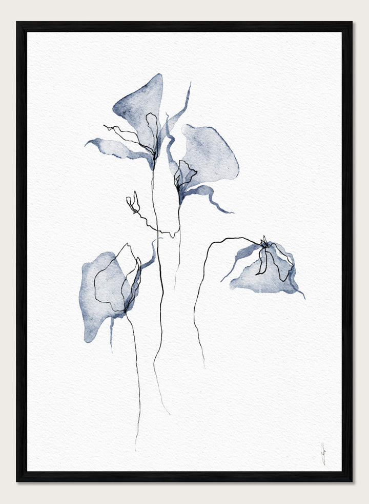 Abstract watercolor painting of three blue-gray calla lilies with fine black line details on a white textured background. Shop Ethereal Blue Flowers by Ankie Kooi, a floral wall art print poster with abstract watercolor flowers, botanical line art, blue, cream, and black.