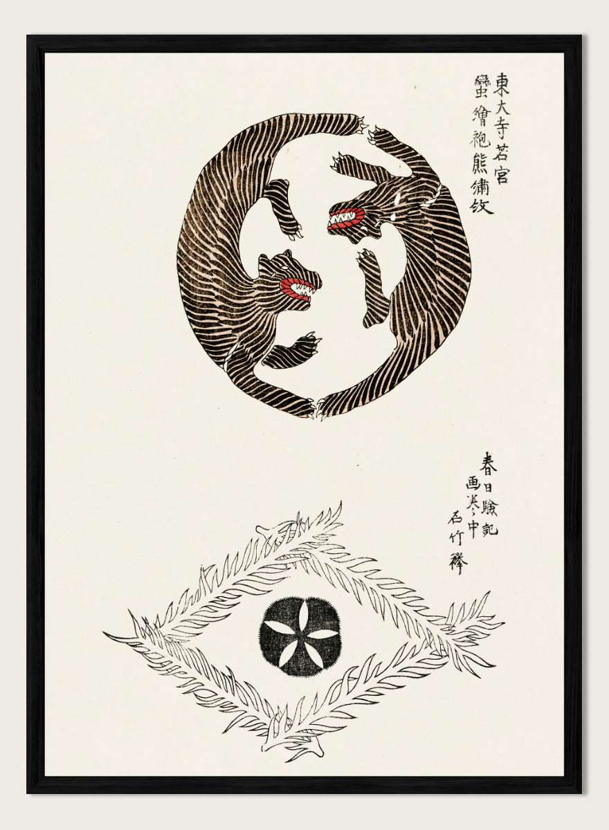 Tigers Yatsuo no Tsubaki by Taguchi Tomoki is a vintage Japanese art print featuring striped tigers, floral motifs, and traditional woodblock illustration.