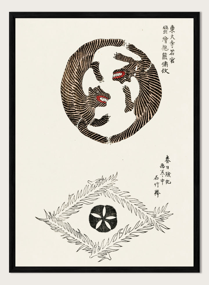 Tigers Yatsuo no Tsubaki by Taguchi Tomoki is a vintage Japanese art print featuring striped tigers, floral motifs, and traditional woodblock illustration.