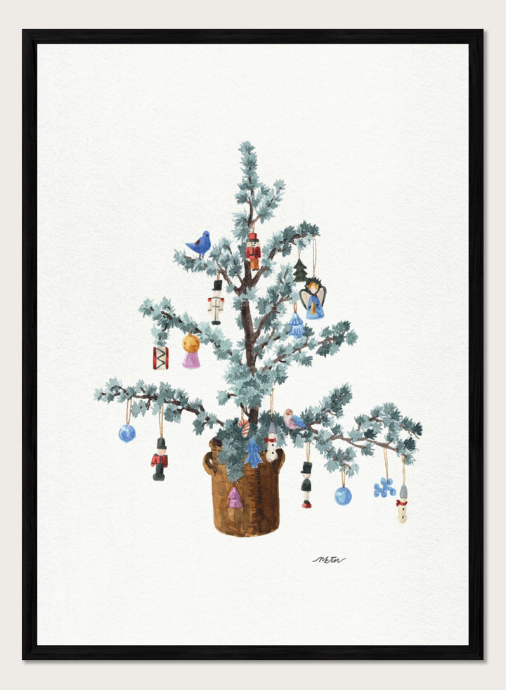 Shop Potted Festive Christmas Tree by NKTN, a Christmas wall art print poster featuring a decorated tree with nutcrackers, birds, bells, and vintage ornaments.