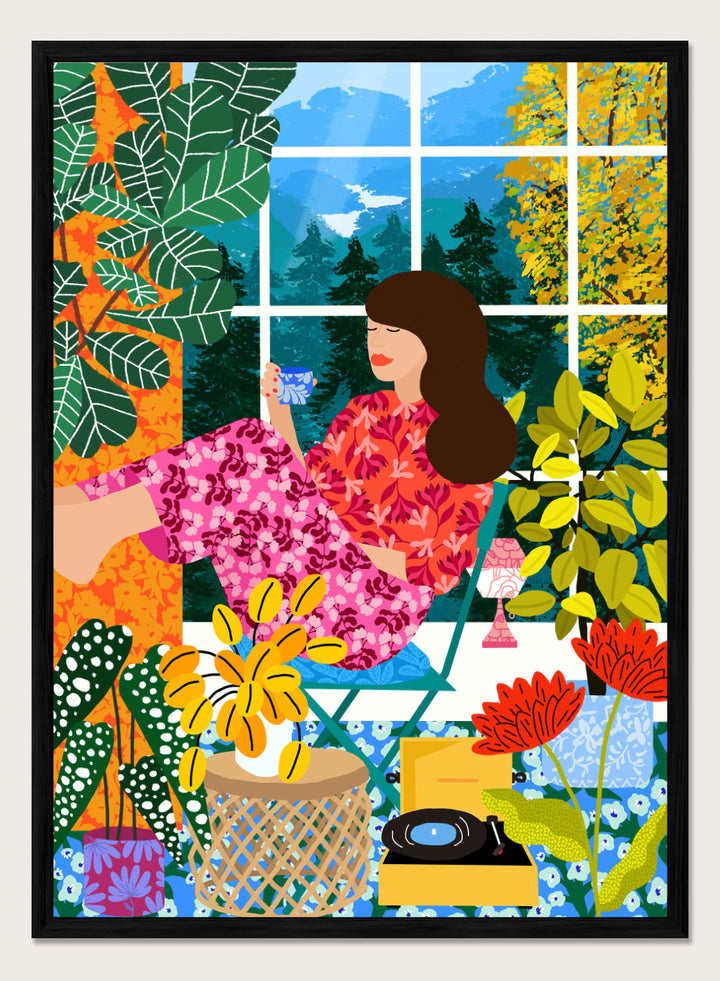 Illustration of a woman sitting by a window with a cup, surrounded by plants and flowers. Listening To the Sound of Nature by Rafaela Mascaro fine art print featuring woman by window, botanical interior, colorful plants, modern contemporary wall art poster.