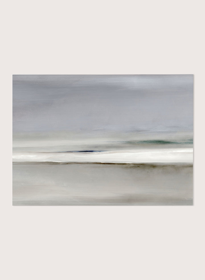 Shop Horizon by Dan Hobday, a soft abstract landscape art print featuring muted gray, green, and cream tones with layered horizontal brushwork.