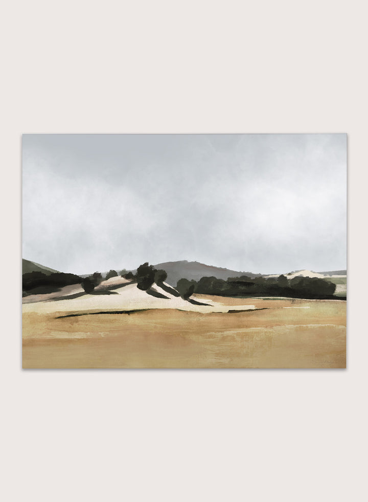 Shop Lazy Afternoon by Dan Hobday, a warm landscape art print featuring golden fields, dark trees, rolling hills, and soft late-summer tones.