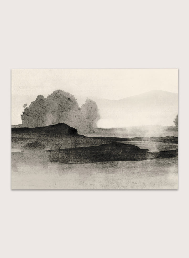 Shop Land No. 01 by Dan Hobday, a muted landscape art print featuring dark landforms, soft trees, distant hills, and layered neutral texture.