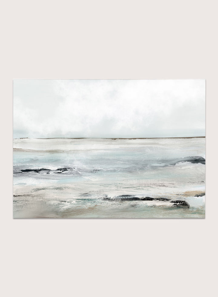 Shop Sandy Bay by Dan Hobday, a coastal landscape art print featuring soft blue-gray water, pale sky, textured shoreline, and layered neutral brushwork.