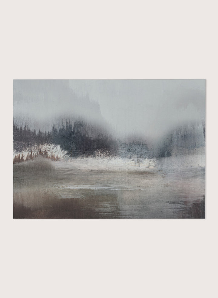 Shop Forest Lake by Dan Hobday, a misty landscape art print featuring dark forest trees, reflective water, soft gray-blue tones, and layered brush texture.