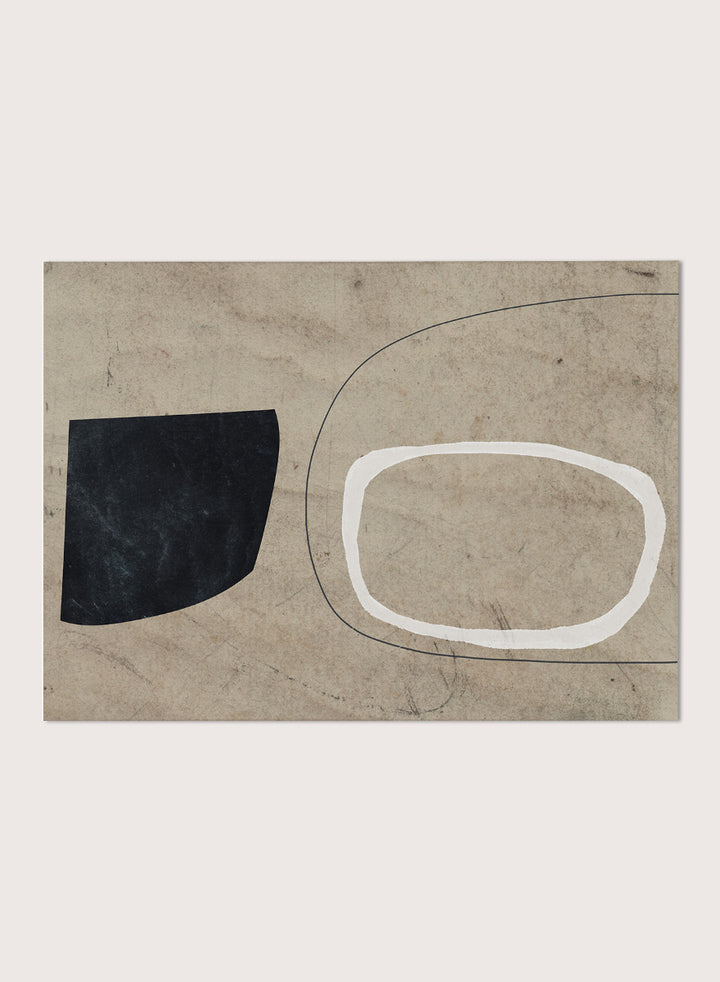 Shop Comfort by Dan Hobday, a contemporary abstract art print featuring bold black and white forms, curved linework, warm beige tones, and textured detail.