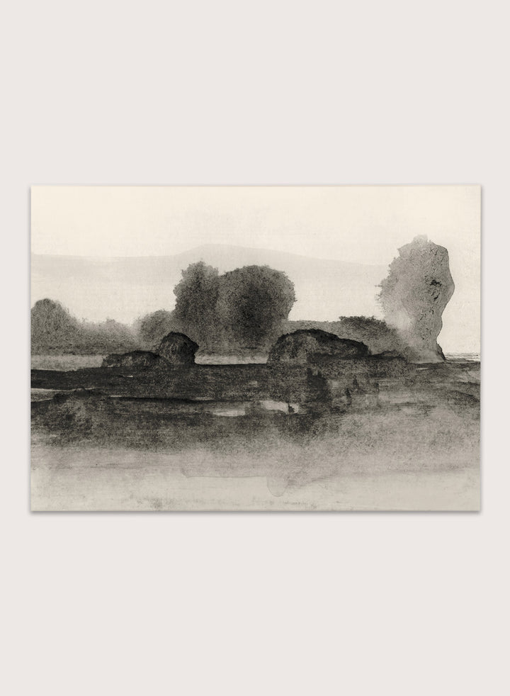 Shop Land No. 02 by Dan Hobday, a moody landscape art print featuring dark trees, layered fields, muted neutral tones, and soft atmospheric texture.