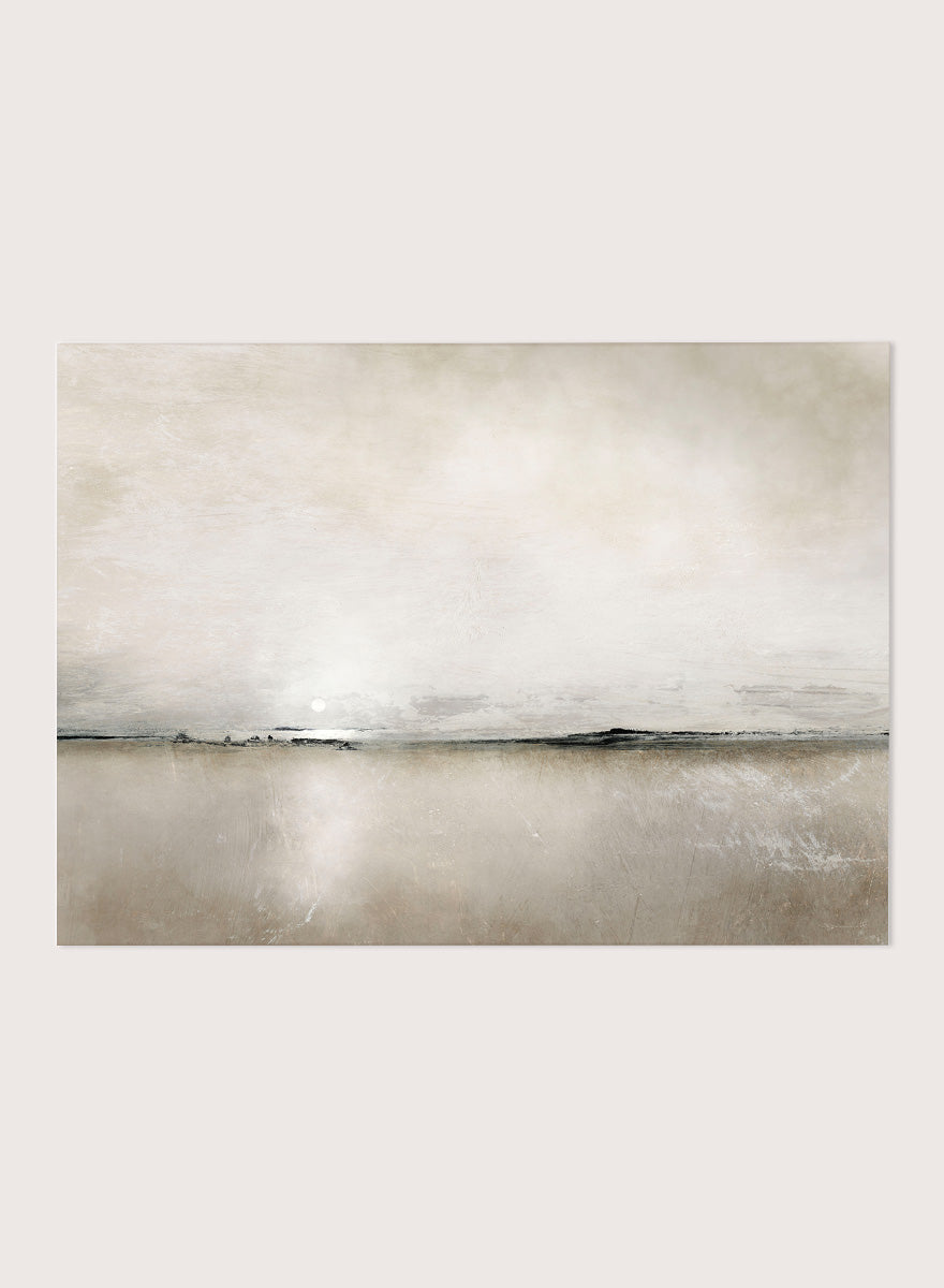 Shop Sunlight Bay by Dan Hobday, a soft coastal landscape art print featuring a pale horizon, warm neutral tones, subtle sunlight, and layered texture.
