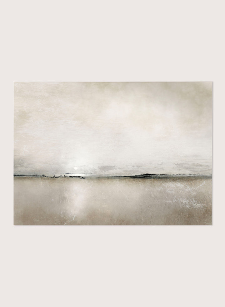 Shop Sunlight Bay by Dan Hobday, a soft coastal landscape art print featuring a pale horizon, warm neutral tones, subtle sunlight, and layered texture.