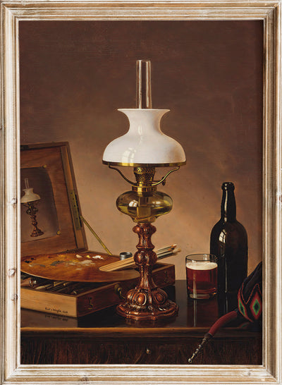 Vintage Still Life in the Atelier Wall Art Print | Antique Oil Lamp and Painter’s Studio Poster, 19th Century Realism Dark Moody Art