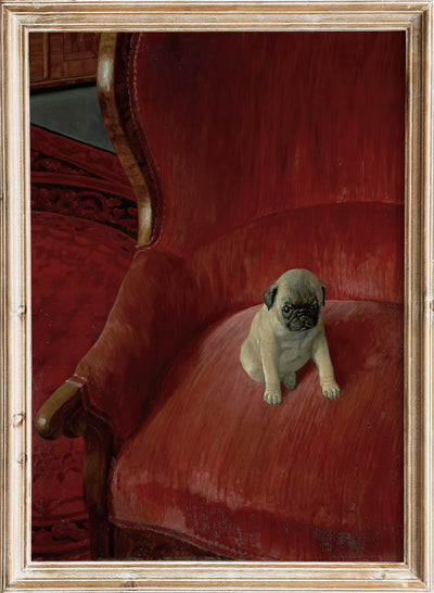 Vintage Pug Dog on Red Chair Portrait Painting Animal Wall Art Print, Antique Pet Illustration Poster, Rustic Retro Victorian Decor , Thomas Theodor Heine - Siegfried
