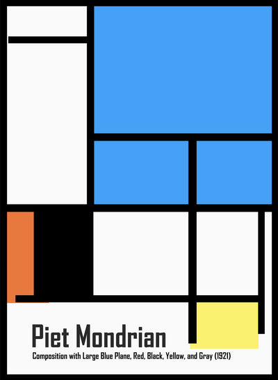 Piet Mondrian Remaster Composition Large Blue Plane Red Black Yellow Gray Abstract Wall Art Print | Bauhaus Geometric Lines Color Block 