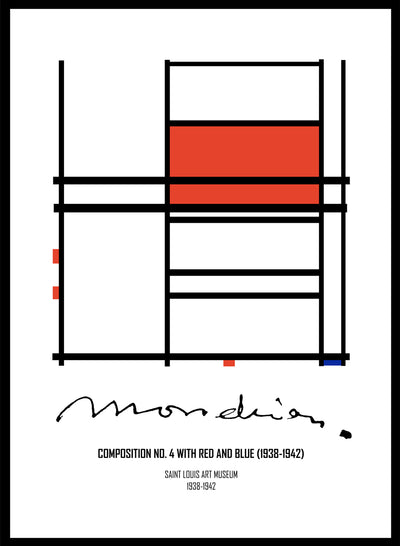 Piet Mondrian Remastered Composition No 4 Red Blue Abstract Wall Art Print | Bauhaus Geometric Lines Color Block, Mid Century Poster