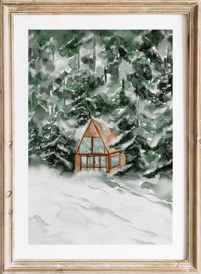 Rustic Vintage Snow Cottage House Winter Landscape Oil Painting Wall Art Print, Snowy Cabin Poster, Antique Moody Farmhouse Decor 