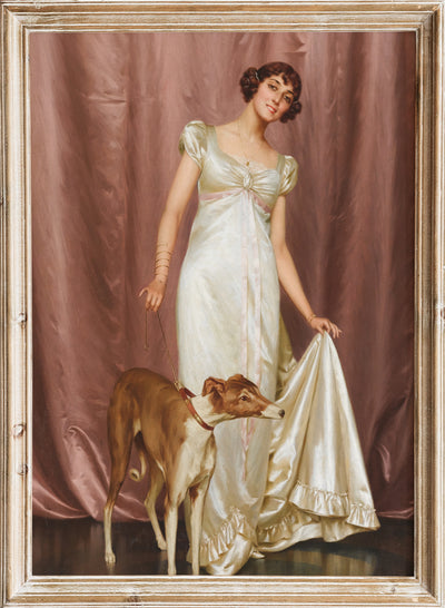 Vittorio Reggianini - An Elegant Lady, Vintage Woman in Ivory Dress with Dog Portrait Painting Wall Art Print, Antique Elegant Lady Poster, Moody Farmhouse Cottagecore