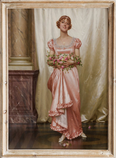 Vittorio Reggianini - Roses, Vintage Woman in Pink Dress with Roses Portrait Painting Wall Art Print, Antique Elegant Lady Poster, Moody Farmhouse Cottagecore 