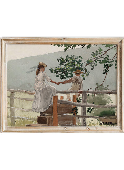 Winslow Homer - On the Stile (1878), Vintage Children on Fence Portrait Wall Art Print | Country Field Landscape Countryside Painting, Rural Farmhouse Cottagecore Poster 