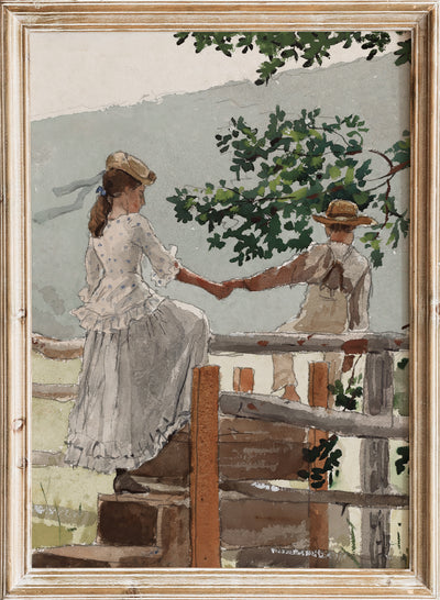 Winslow Homer - On the Stile (1878), Vintage Children on Fence Portrait Wall Art Print | Country Field Landscape Countryside Painting, Rural Farmhouse Cottagecore Poster 