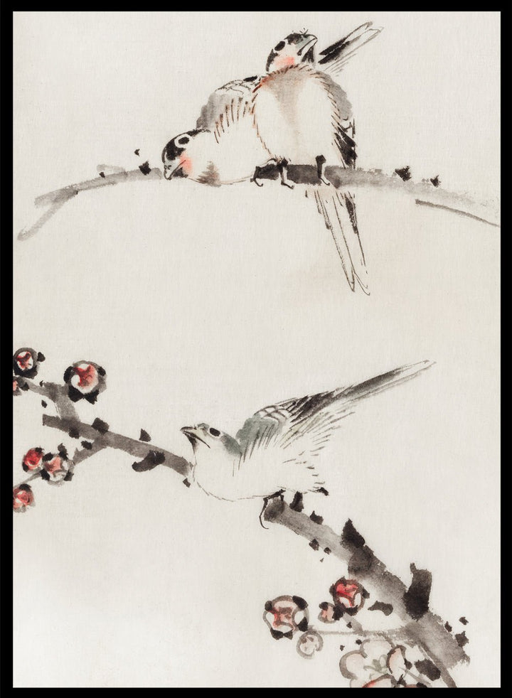 Katsushika Hokusai Three Birds Perched on Branches, One with Blossoms Art Print_Sugar & Canvas