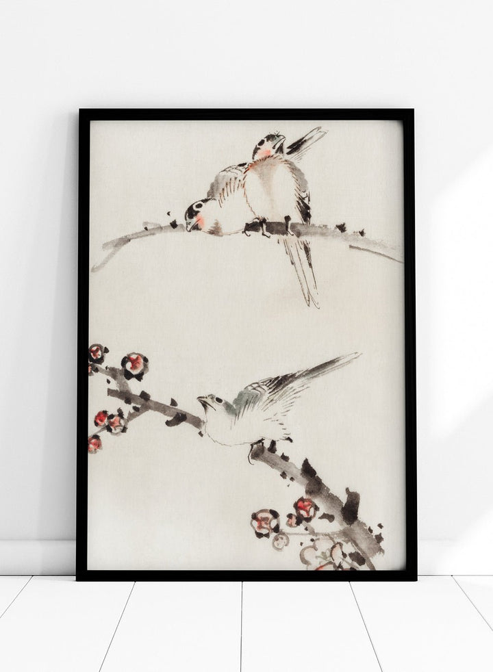Katsushika Hokusai Three Birds Perched on Branches, One with Blossoms Art Print_Sugar & Canvas