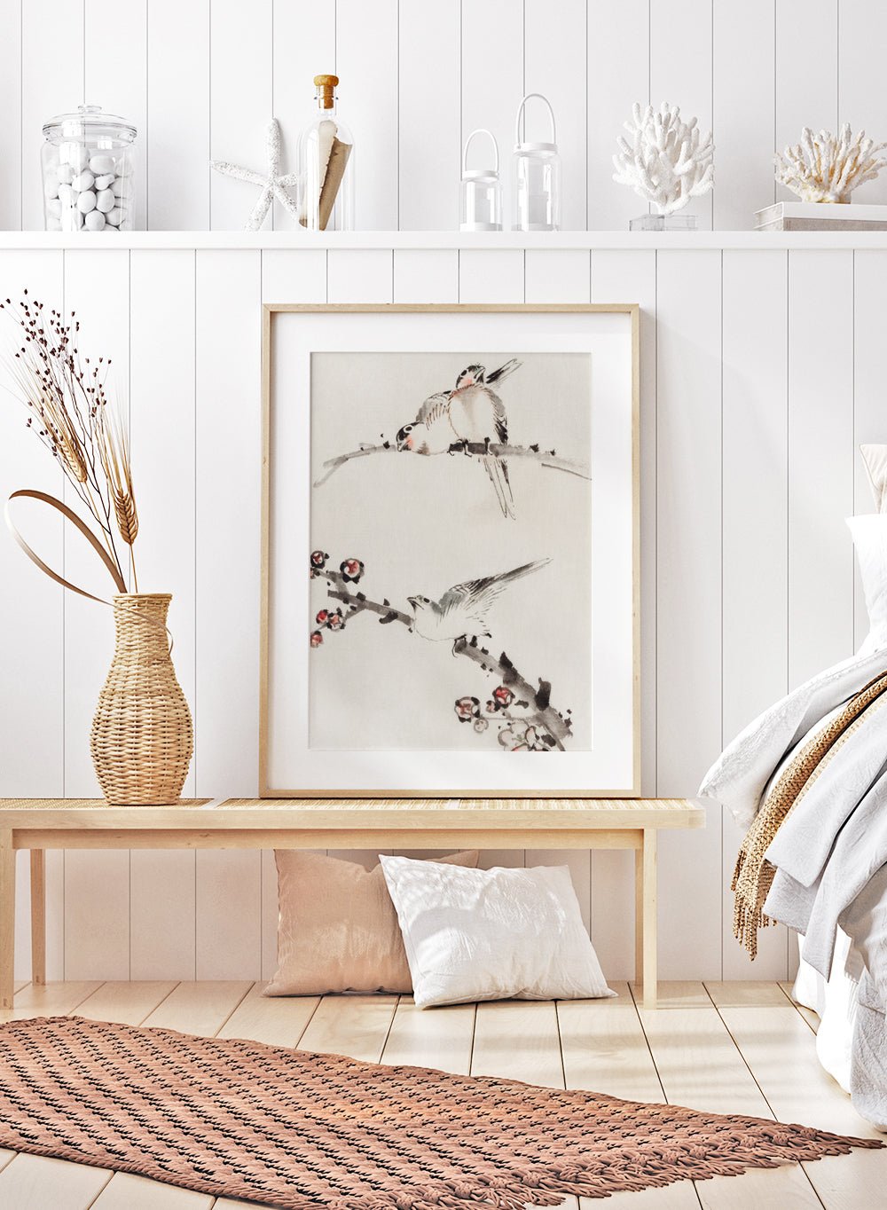 Katsushika Hokusai Three Birds Perched on Branches, One with Blossoms Art Print_Sugar & Canvas