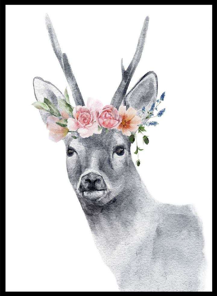 Deer with Flowers Safari Animal Art Print_Sugar & Canvas
