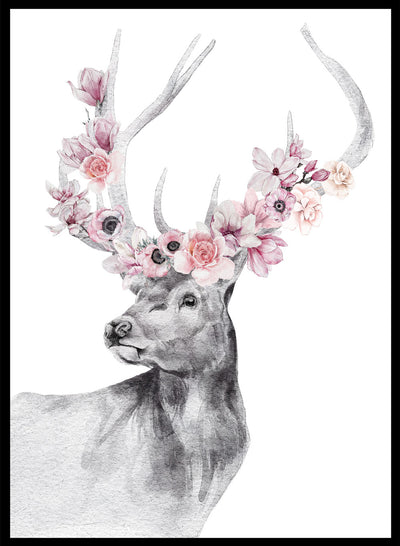 Sugar & Canvas 8x10 inches/20x25cm Stag with Flowers Safari Animal Art Print