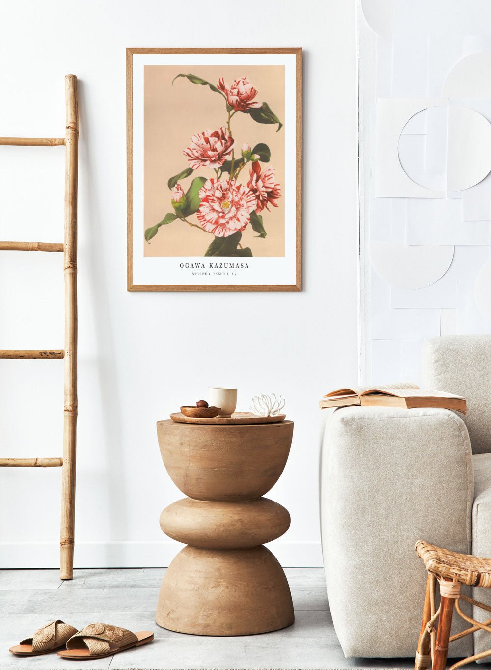 Ogawa Kazumasa Red Striped Camellias Flowers Japanese Art Print OK06_Sugar & Canvas