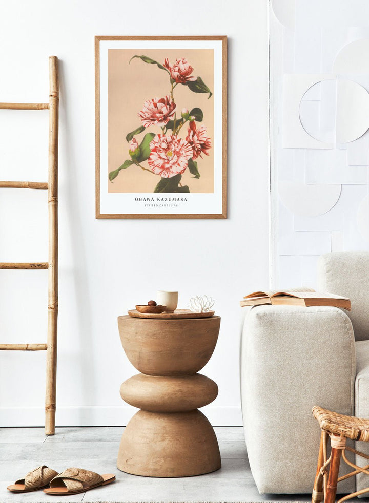 Ogawa Kazumasa Red Striped Camellias Flowers Japanese Art Print OK06_Sugar & Canvas