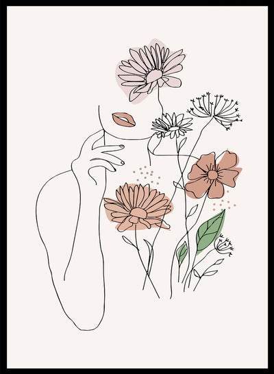 Sugar & Canvas 28x40inches/70x100cm Woman with Flowers Line Art Print